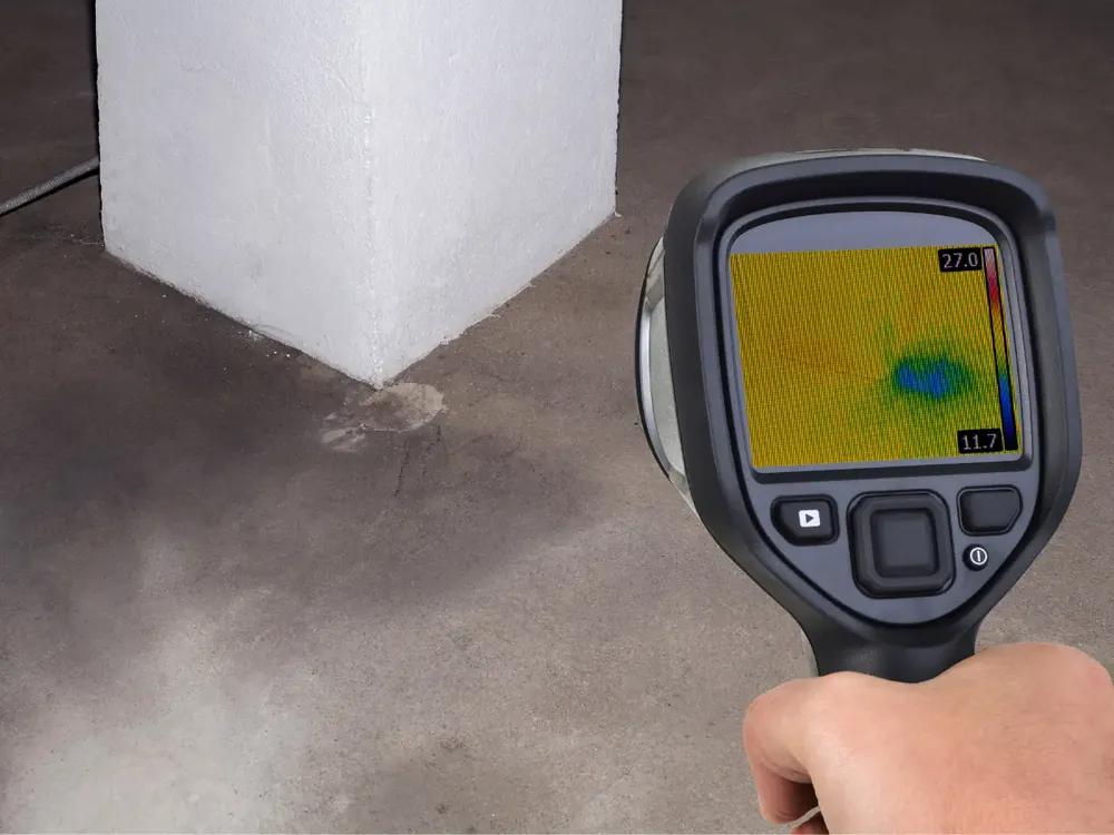 Thermal imaging camera detecting a slab leak under a concrete floor in Covina, CA