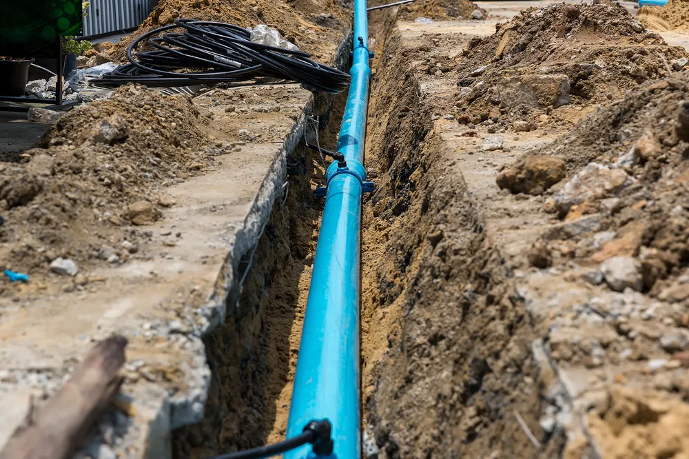 Exposed underground water line being repaired in a Covina yard